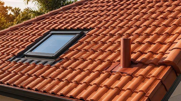 New terracotta tile roof replacement on a Brisbane home with skylight and professionally finished flashings