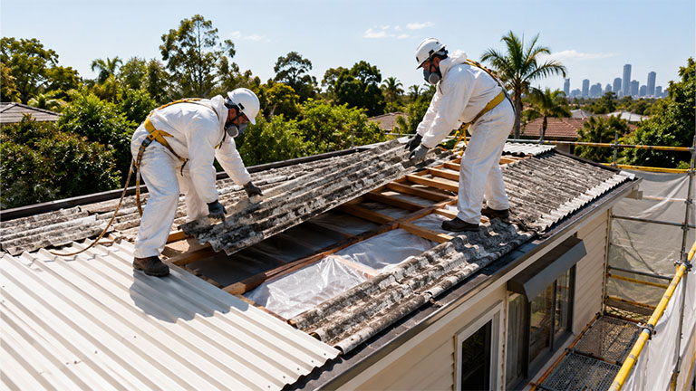 Licensed workers safely removing asbestos roofing from a Brisbane home before installing a new metal roof